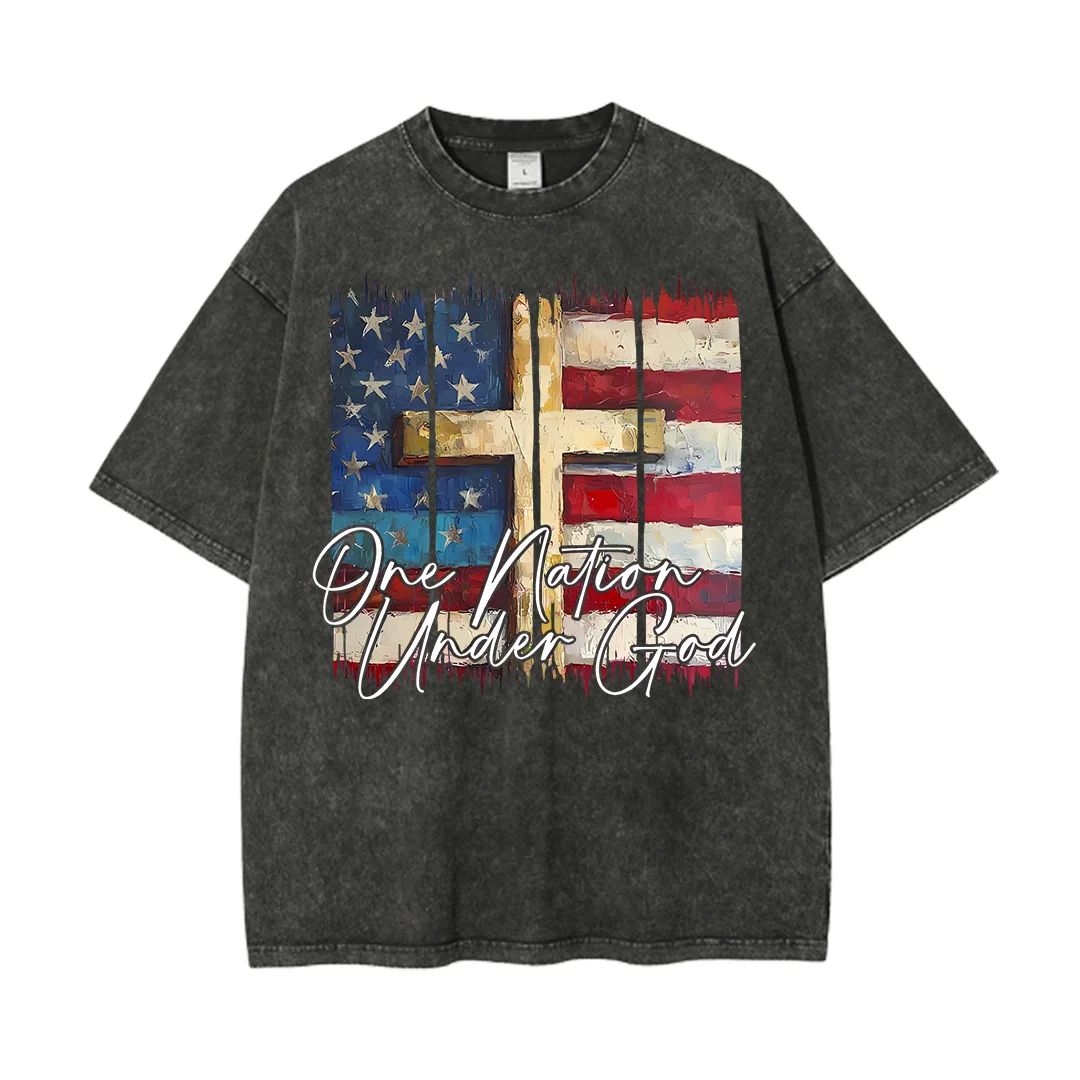 

One Nation Under One God Cross America, христианская потертая футболка, женские летние повседневные топы унисекс с круглым вырезом и короткими рукавами
