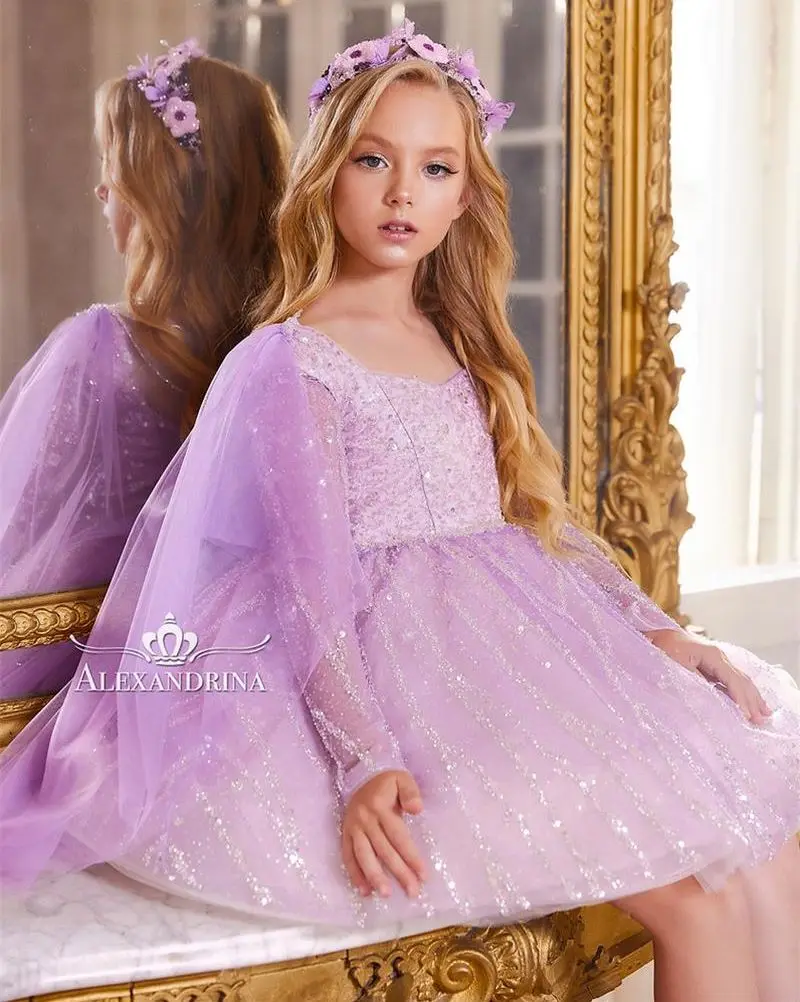 

Lilac Sequined Girls Pageant Dress for Photoshoot Short Birthday Dress Long Sleeve Party Gowns Flower Girl Dress For Weddings