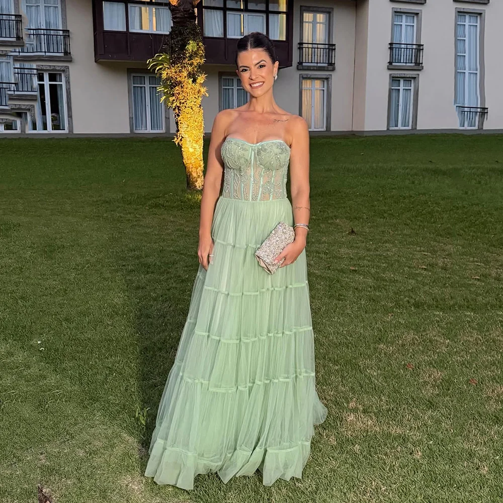 Msikoods Customized Sage Green Prom Dress Strapless Beaded Corset Tulle Tiered Evening Dress Graduation Dress Gala Party Gown