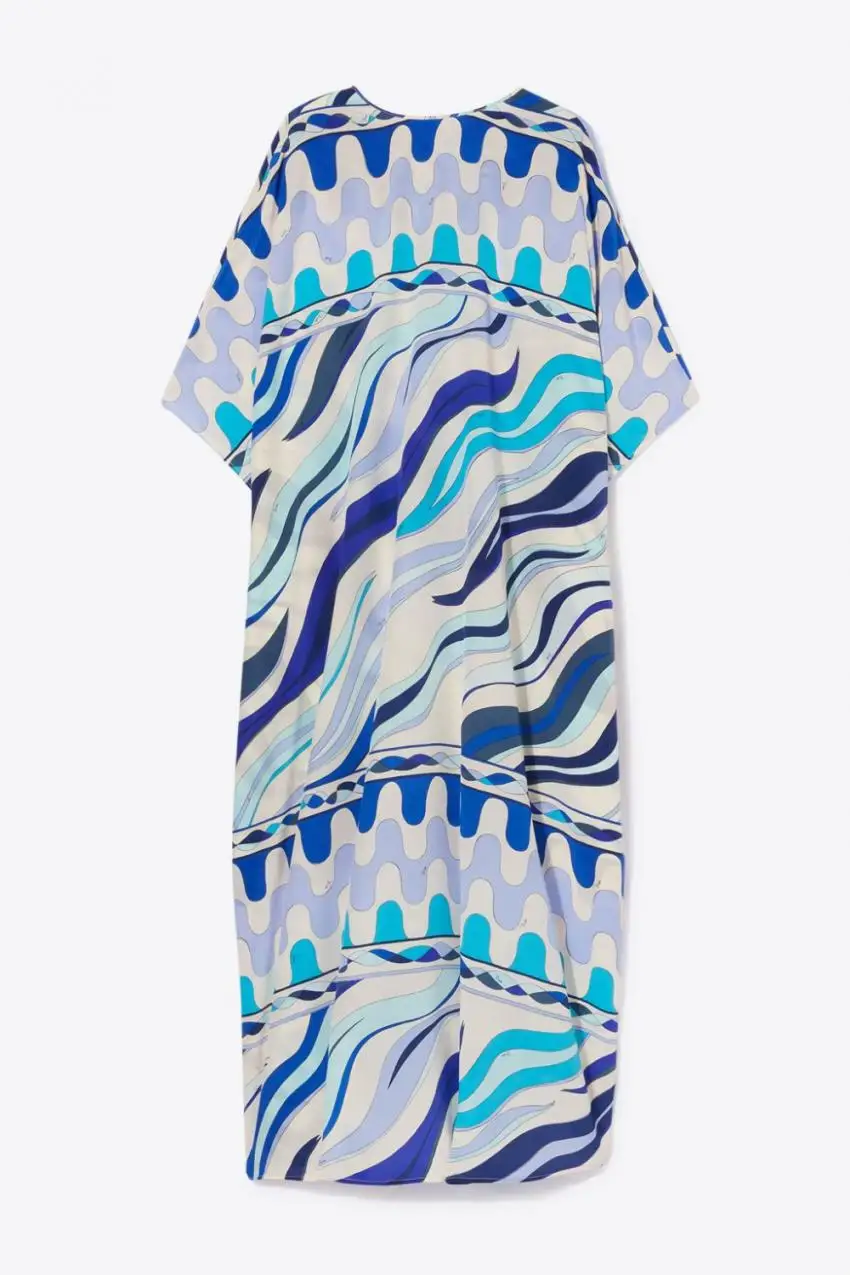 HIGH QUALITY Designer Inspired Women's Fiamme Print Jessy Silk Kaftan Oversize Long Caftan Maxi Dress In Blue/White