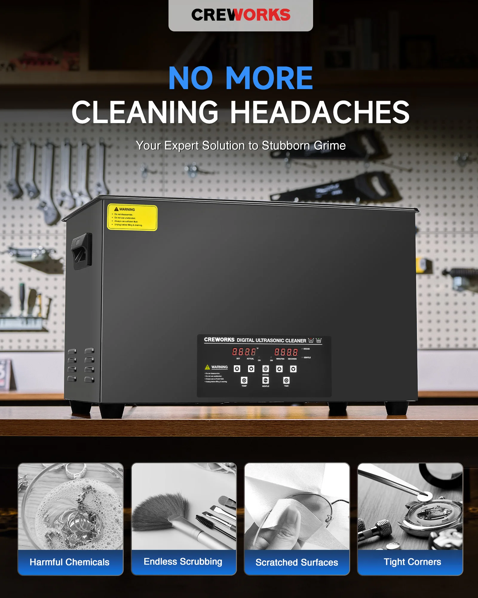 CREWORKS Pulitore ad ultrasuoni da 2 litri a 30 litri in acciaio al titanio con modalità Degas e delicata