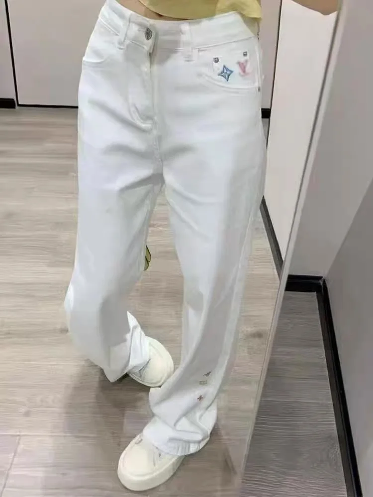 Women's White Chic Embroidered New Straight Jeans 2000s Y2k Korean High Waisted Loose Wide Leg Floor-Mopping Pants Casual Pants