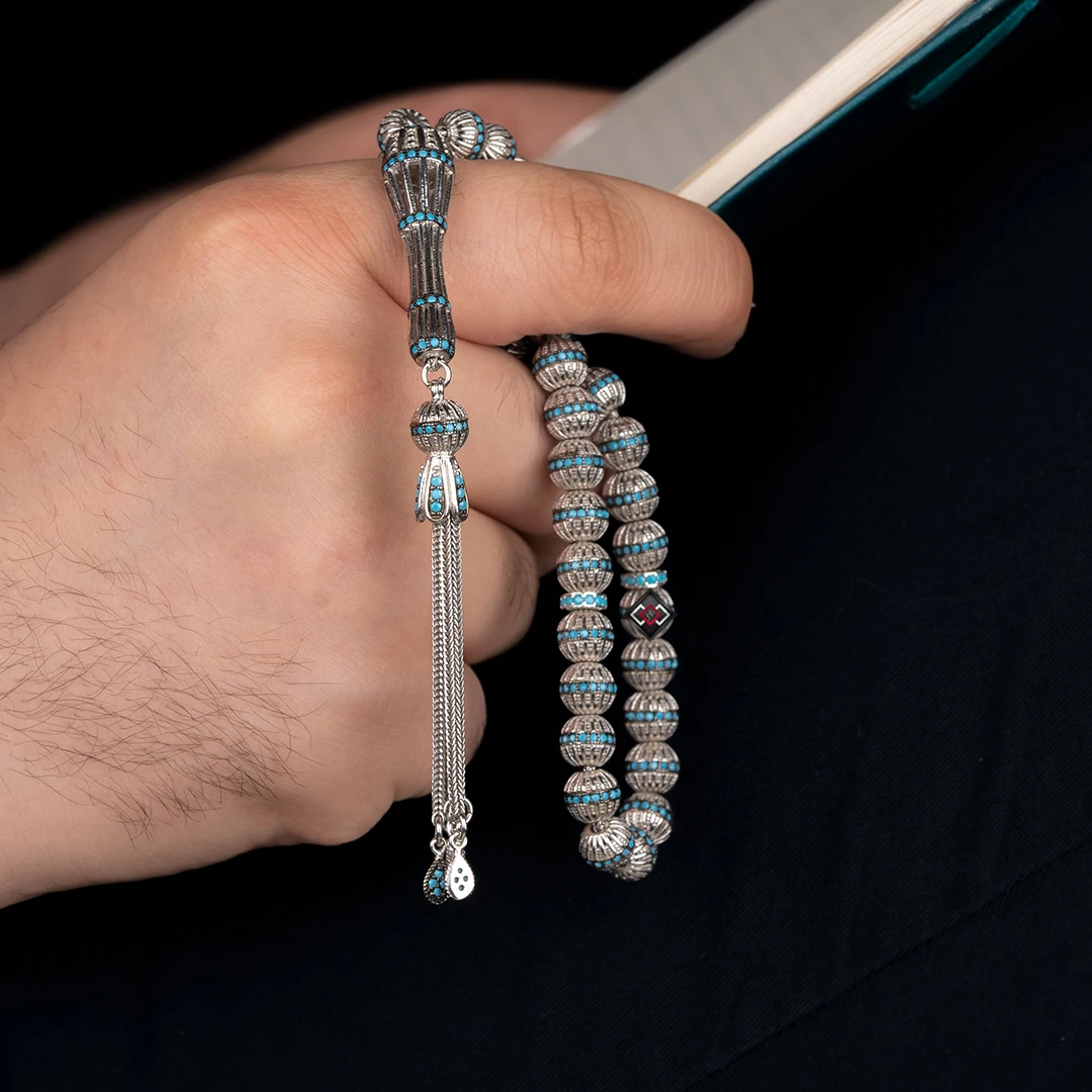 925 Sterling Silver Luxury Men's Prayer Beads Made entirely of Silver (blue)