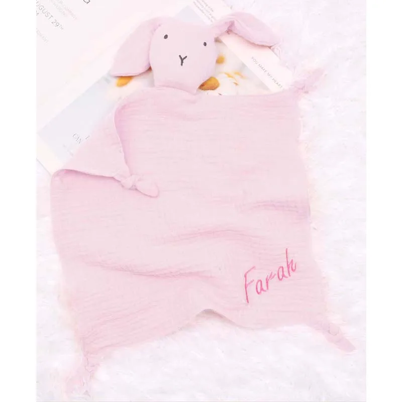 Newborn Pink Rabbit Baby Name Customizable Toy with Embroidery Girl Baby Sleeping Companion Cotton Pink Muslin Fabric Models