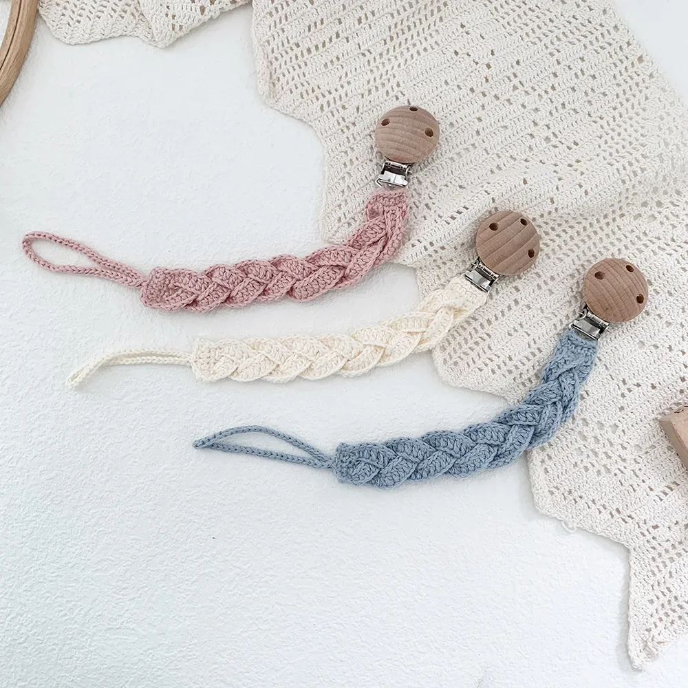 Clip de sucette en macramé, corde en coton élégante tressée, Clips de sucette en bois de hêtre pour bébé