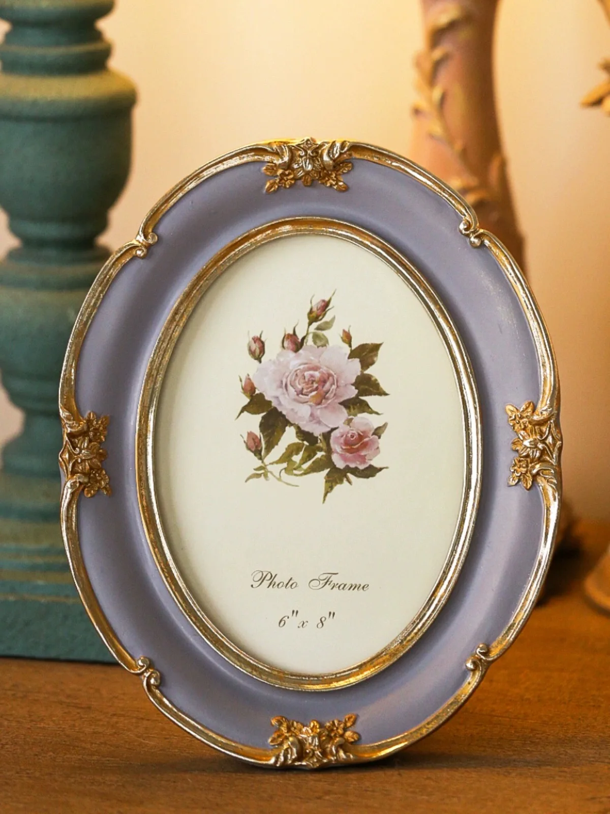 Oval Picture Frame, 4x6 Vintage Picture Frame Light Purple, Glass Front, Antique Decor for Tabletop or Wall Hanging, Vintage Wal