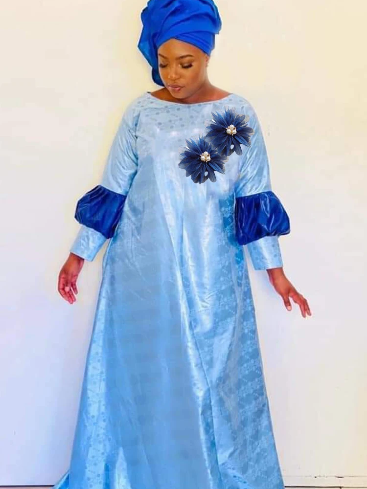 2023 Latest Sky Blue Bazin Riche Long Dresses With Stones Top Quality Bazin Brode Evening Gowns African Dashiki Robe