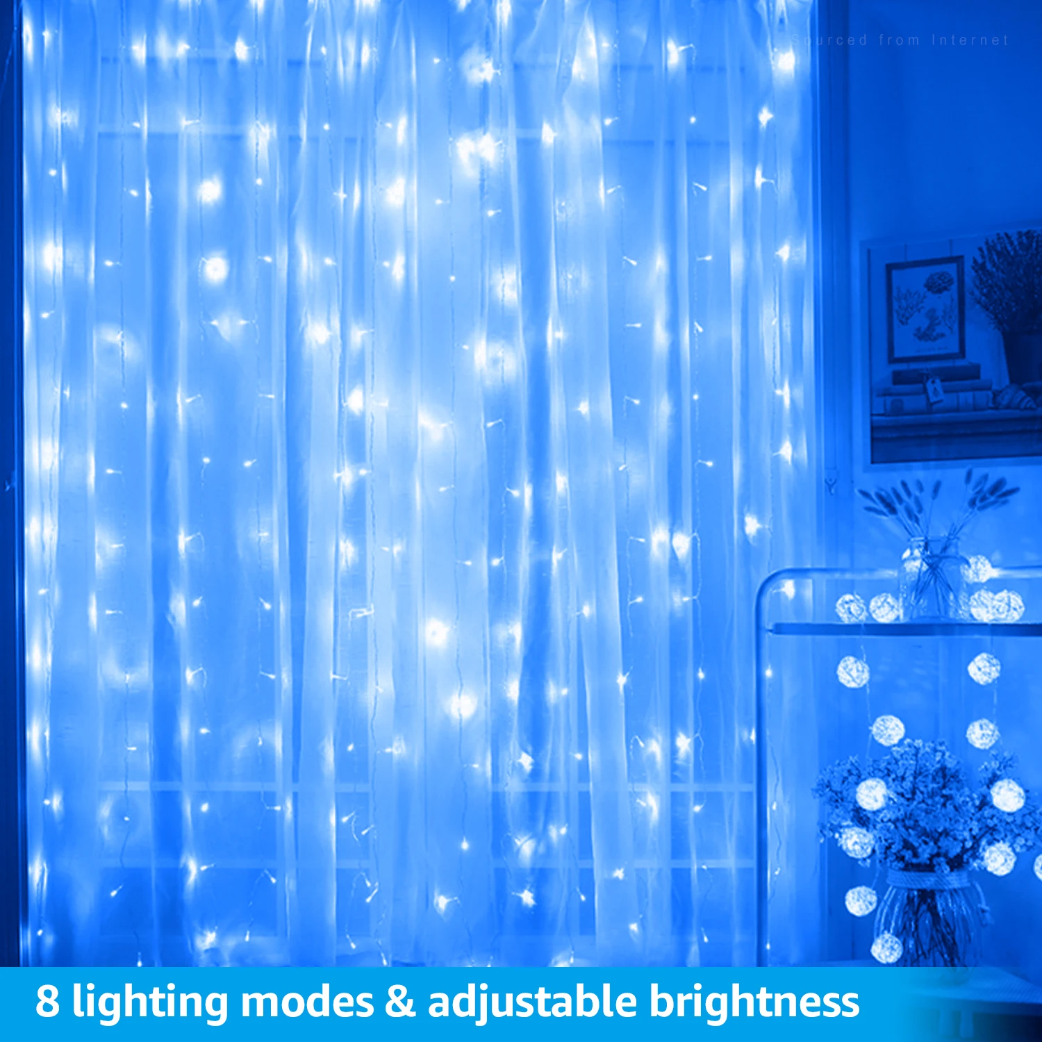 

9.8ft x 9.8ft Window Curtain String Lights, 300 LED, 8 Lighting Modes Fairy Lights, IP65 Waterproof for Christmas Bedroom, Blue