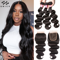 UNice Body Wave Human Hair Bundles With Closure Natural Color 100% Human Hair Bundles 3PCS With 4x1 / 4x4 / 5x5 HD Lace Closure