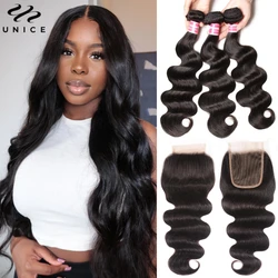 UNice Body Wave Human Hair Bundles With Closure Natural Color 100% Human Hair Bundles 3PCS With 4x4 / 5x5 HD Lace Closure