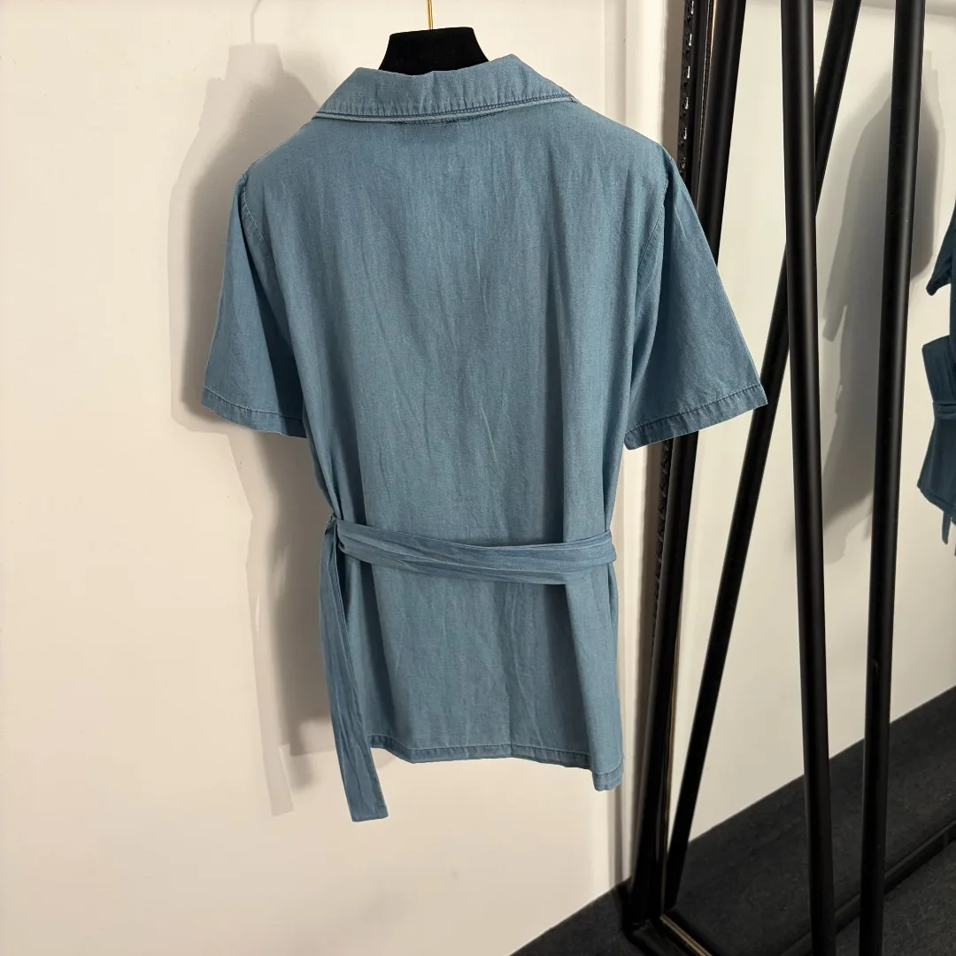 

Summer New Style Ladies Embroidered Pocket Short Sleeve Jacket High Waist Trousers Denim Suit