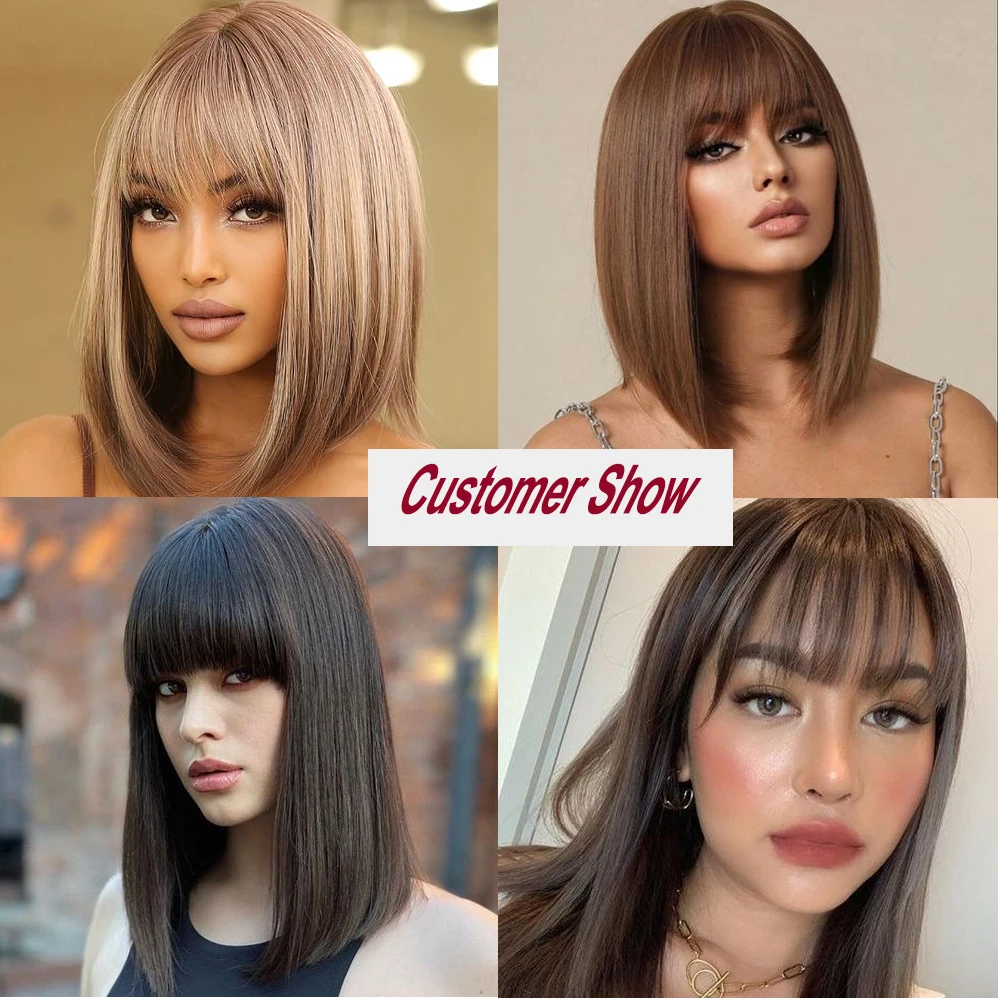 Lovevol 12Inch Short Bob Wig With Bangs Brazilian Straight Human Hair For Woman No Lace for Women Machine Made Bob Wig