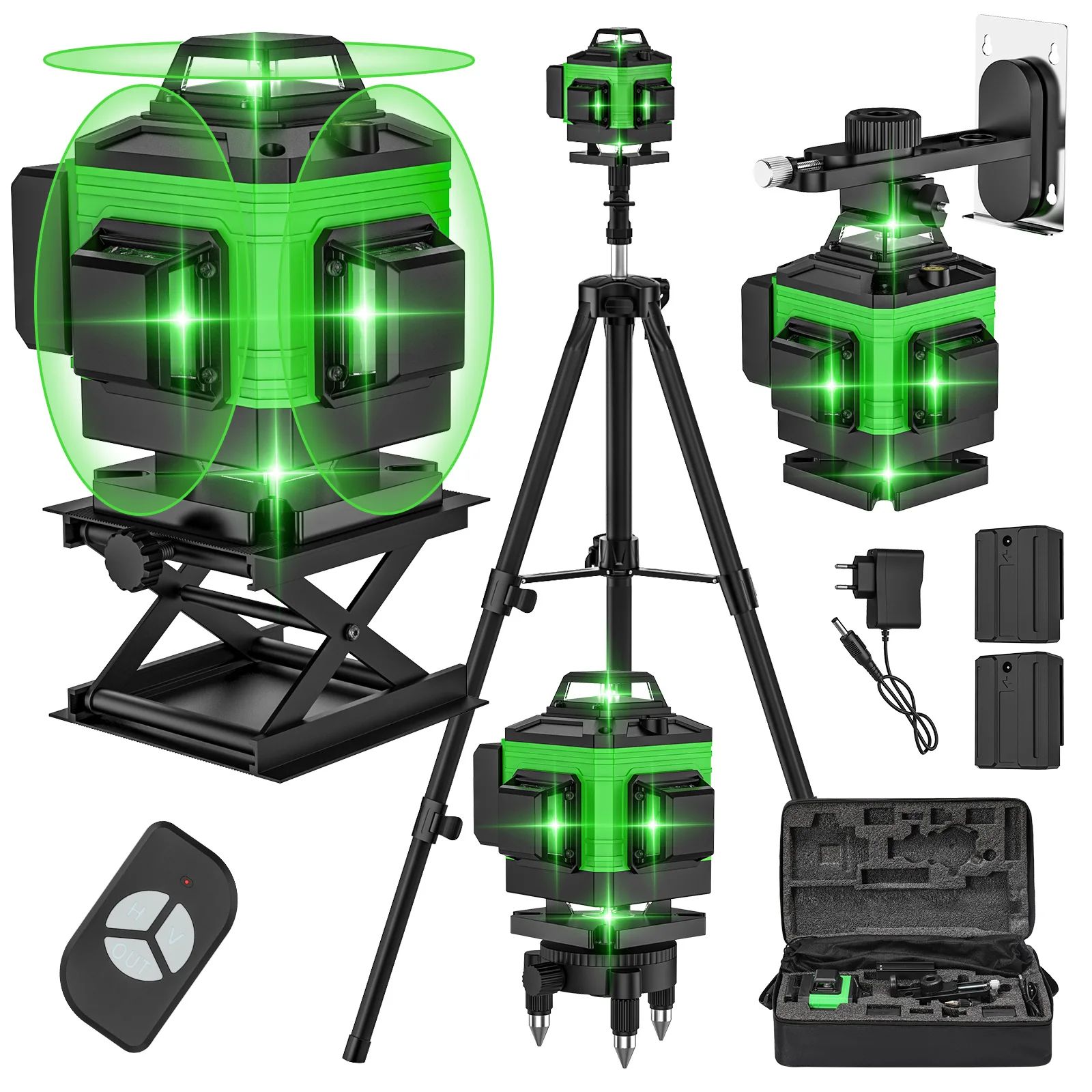 Livello laser 4D con telecomando orizzontale e verticale a 16 linee Laser verde autolivellante 360 °   Attrezzatura con strumento per treppiede