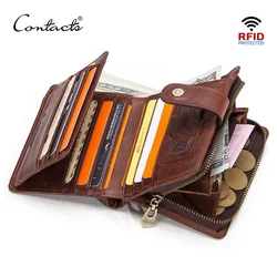 CONTACT'S Genuine Leather RFID Vintage Wallet Men With Coin Pocket Short Wallets Small Zipper Wallet With Card Holders Man Purse