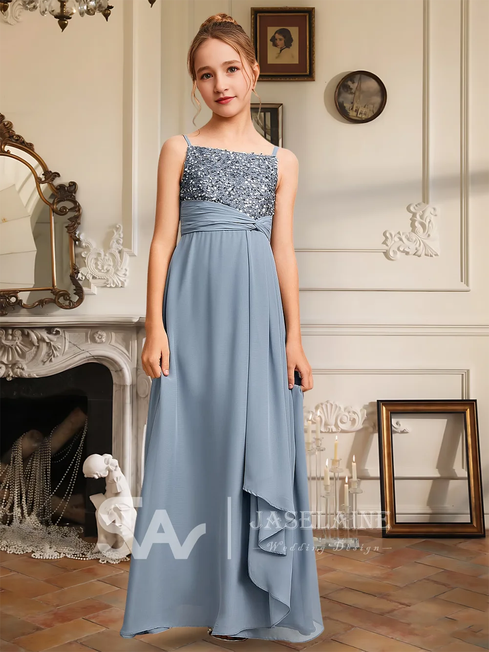 

A Kids Elegant A-Line Square Floor-Length Chiffon Sequin Junior Bridesmaid Dress Flower Girl Dress Girls Party Wedding Formal