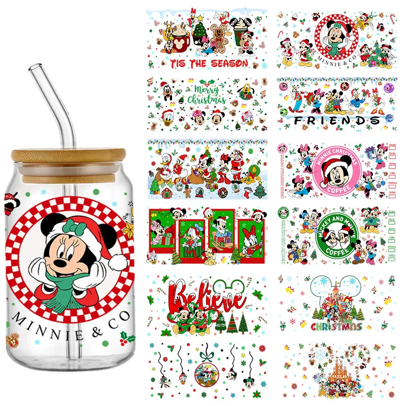 Disney Christmas Transfer Stickers Mickey Minnie Snow UV DTF  Cup Wraps For 16oz Libbey Glass Can Permanent Self-adhesive Decals