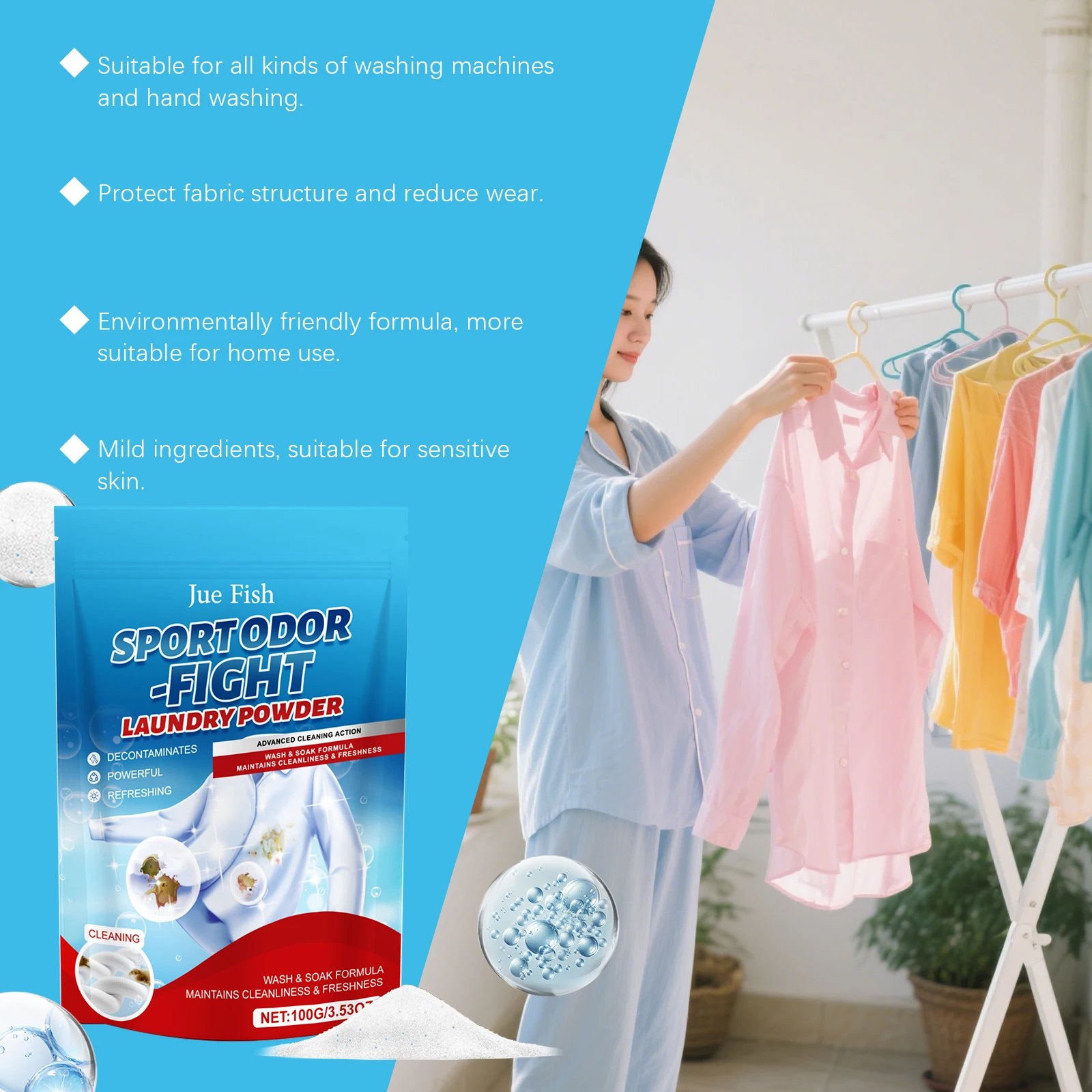JUE FISH Laundry Washing Powder Gentle Stain Remover Fresh Scent Powerful Cleaning Oil Stain Low Foam Easy To Rinse Protect Color view 5