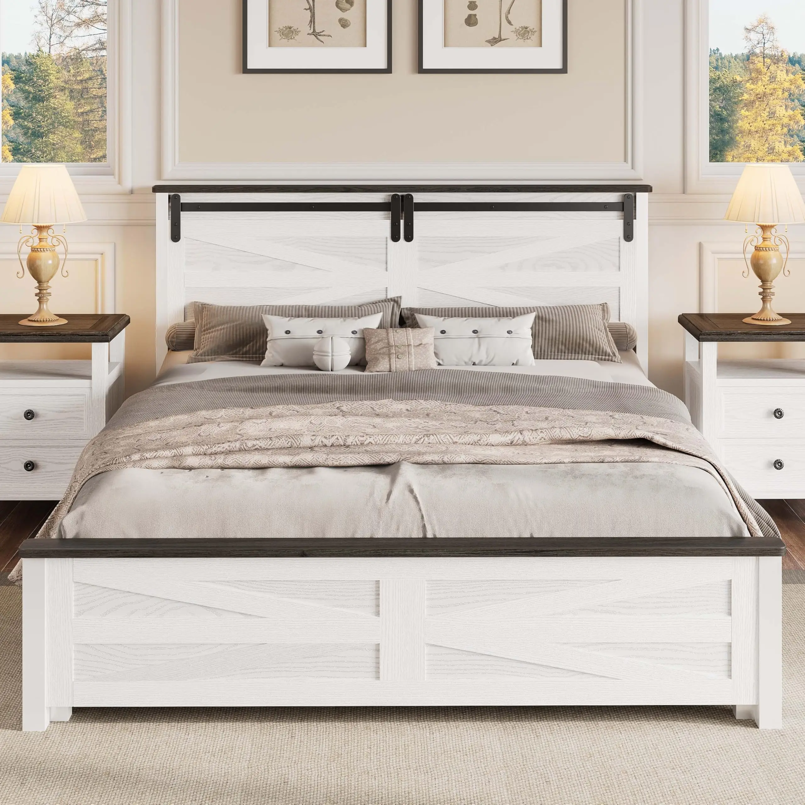 LIKIMIO Farmhouse Queen Bed Frame with Lift Up Storage, Rustic Wood Bed Frame with Headboard and Solid Wood Slats Support, White