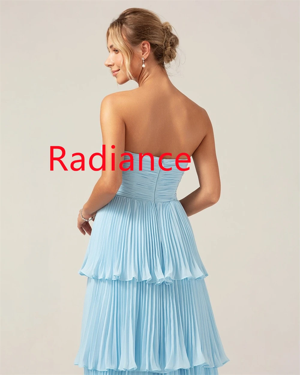 Vestido de noche de gasa azul claro exquisito personalizado, vestidos para ocasiones especiales sin tirantes de alta calidad sin mangas con cremallera en la espalda