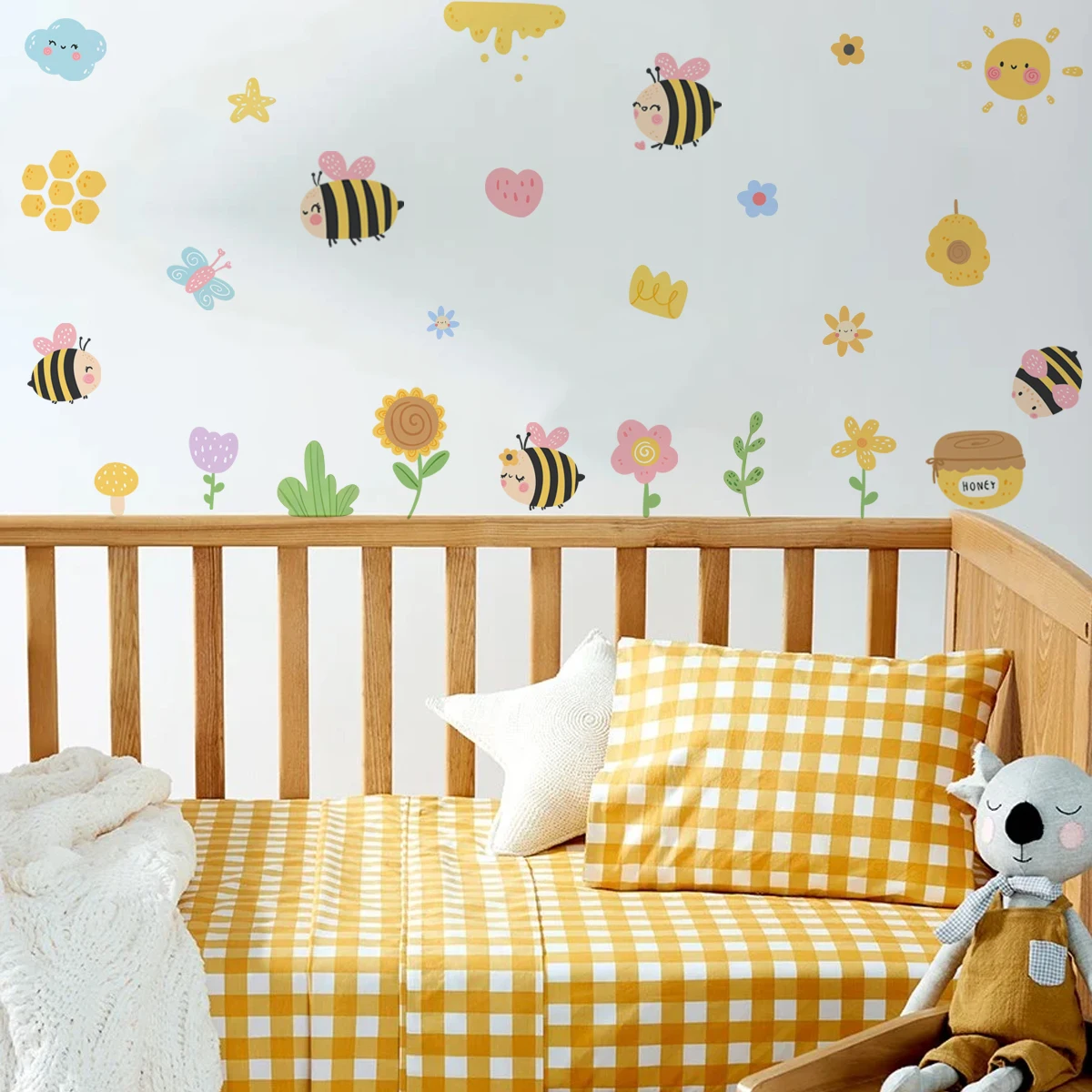Cute Bee Flowers Butterfly Honey Sun Wall Sticker Nursery Child Room Girls Room Vinyl Decal Kids Baby Room Bedroom Home Decor