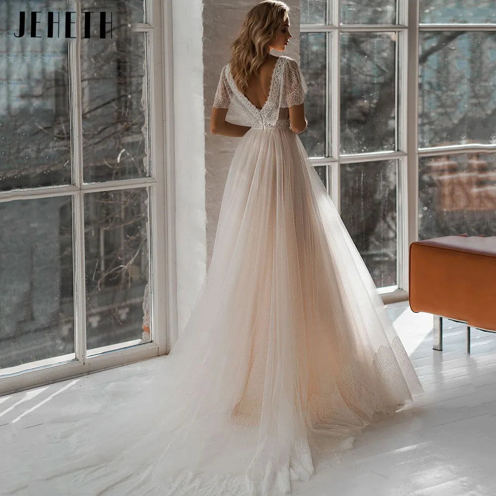 JEHETH Cap Sleeve Boho Wedding Dresses Backless Lace Appliques Beach Bride Gowns Robe De Mariée Dot Tulle V-Neck Sweep Train