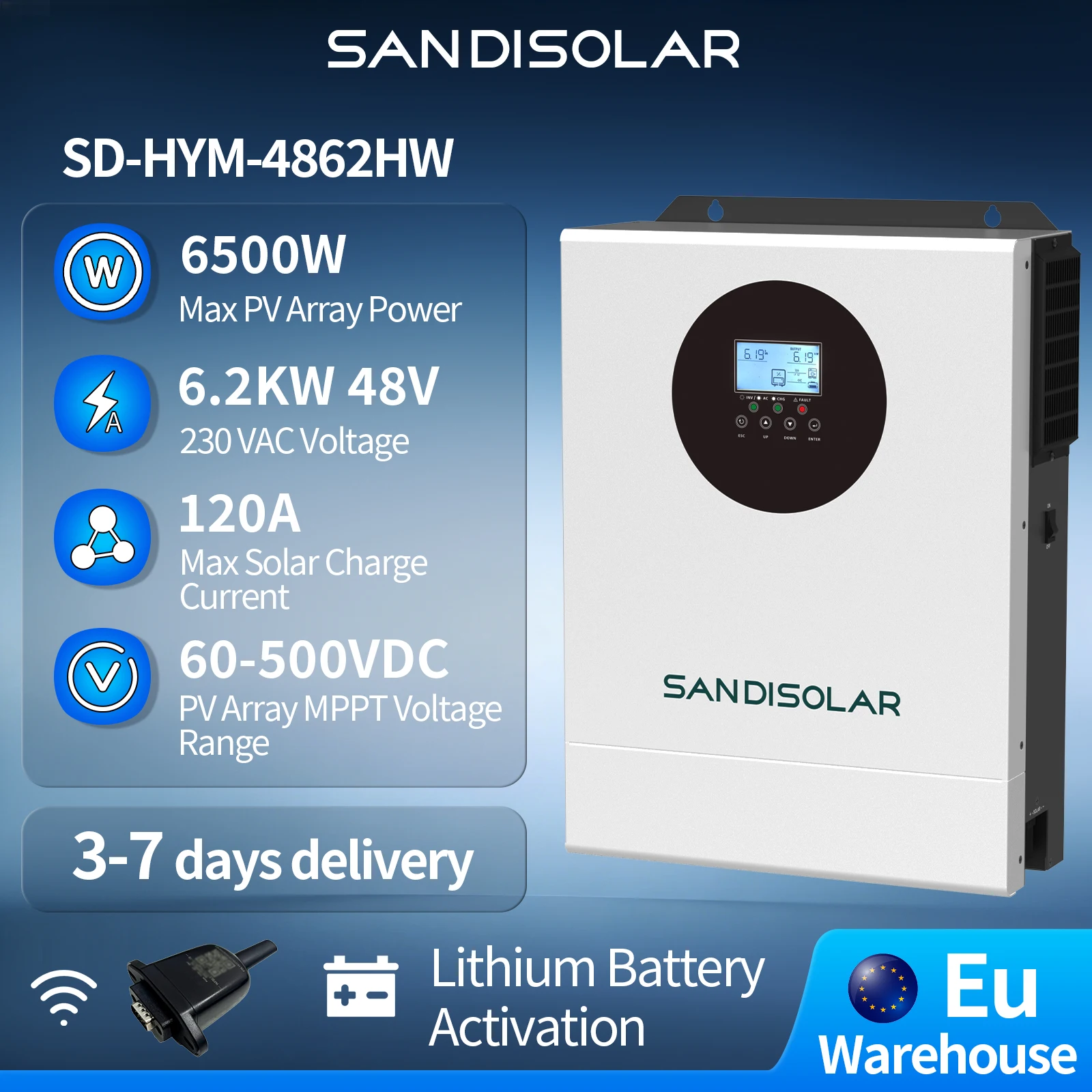 SANDISOLAR 6,2kW 48V Wechselrichter 230V Reine Sinuswelle RS485 Trockenkontakt für Fernüberwachung Doppelausgang 6500W PV 120A MPPT