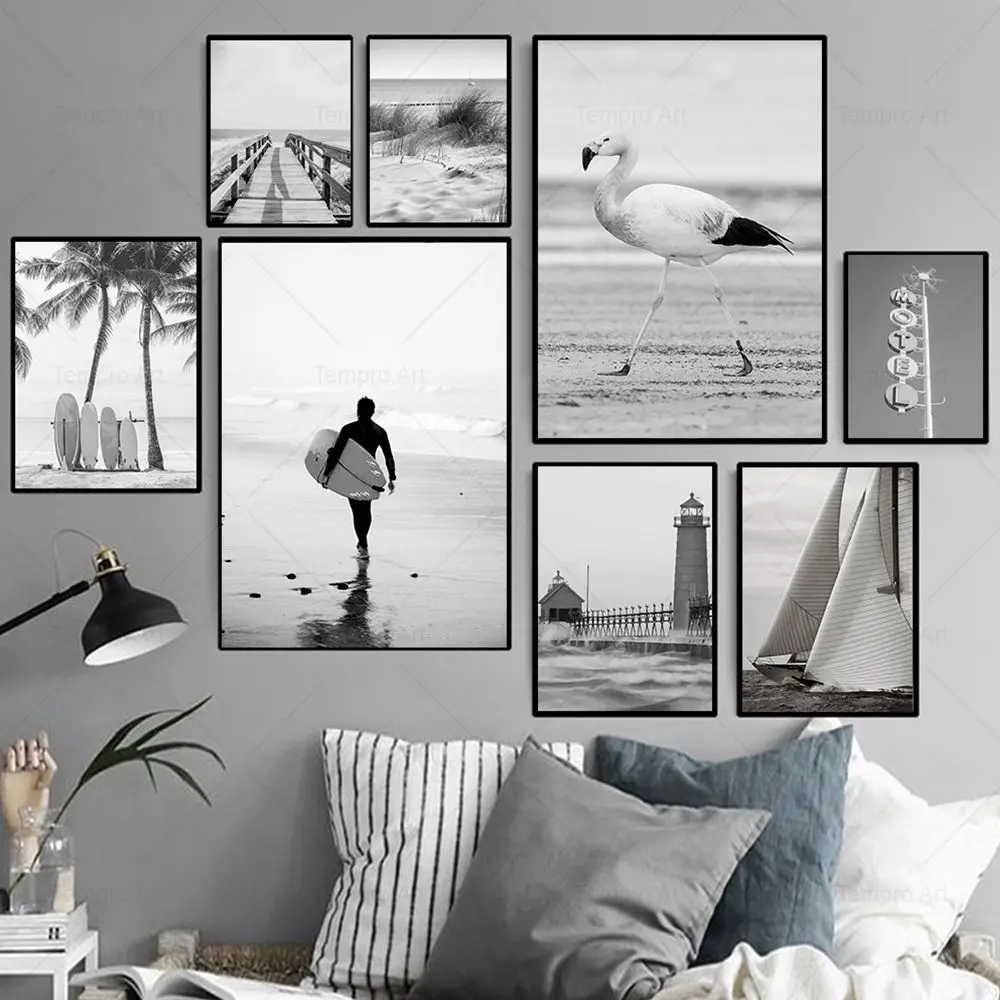 Cuadro de arte de pared de playa, mar, palmera, barco, caballo, flamenco, blanco y negro, Surf, pintura en lienzo, carteles nórdicos e impresiones, decoración de sala de estar