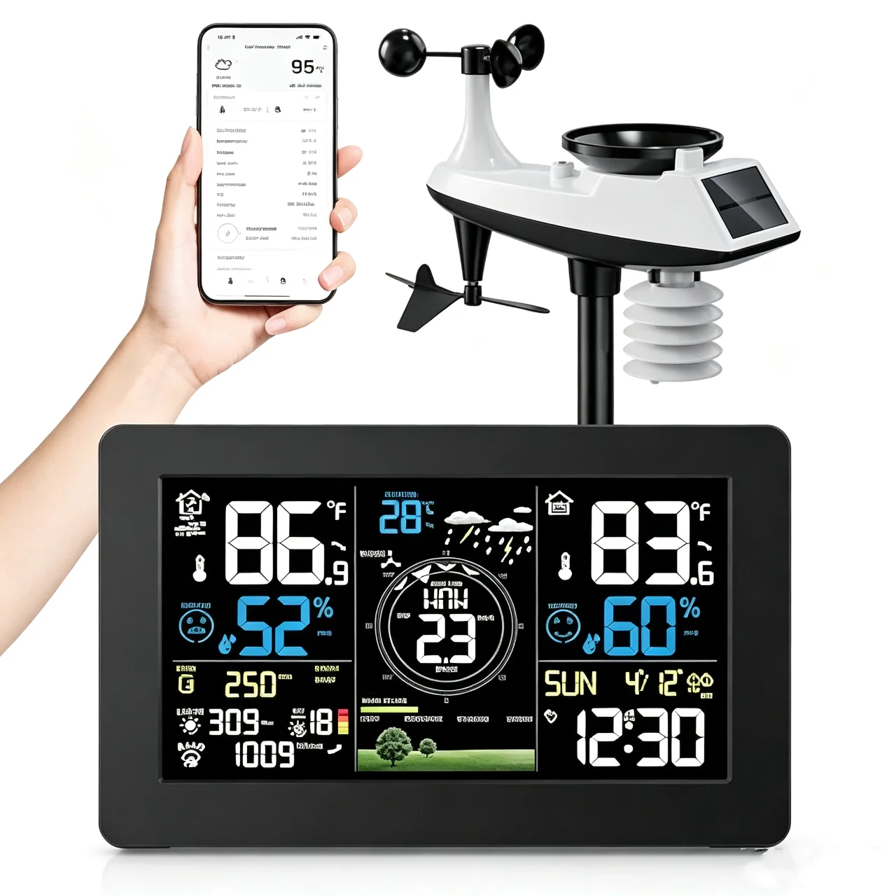 Station météo Wifi intelligente Tuya Home, numérique, mesure de la vitesse et de la direction du vent, indice de pluie, indice de luminosité, qualité de l'air, température, humidité