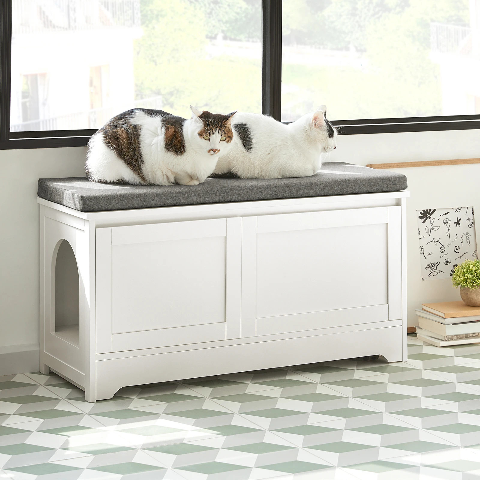 SoBuy FSR136-W casa para gatos, caja de arena para perros y gatos, banco de zapatos con asiento para casa para gatos, casa para mascotas, casa para animales
