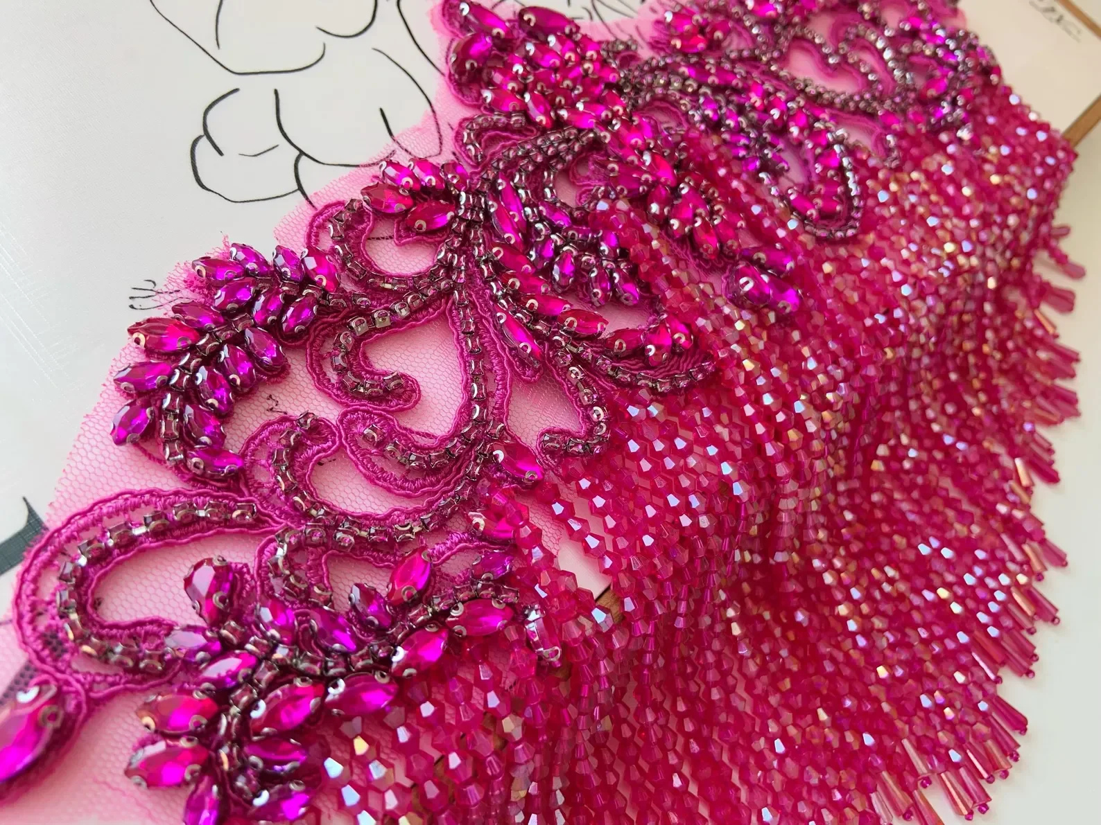 Fuchsia Rhinestone Appliqué Patch With Crystal Fringe, Hot Pink Body Jewelry For Couture Supplies, Dance Wear, Club Wear view 2