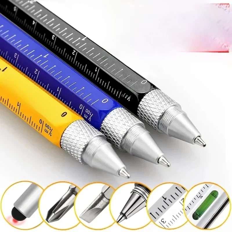 Stylet capacitif multifonctionnel 7 en 1 pour écran tactile, avec tournevis, règle, jauge de niveau, stylo à bille rechargeable, outil