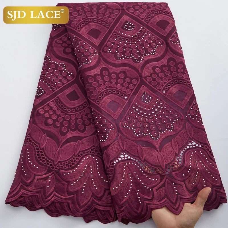 

SJD LACE Swiss Voile Cotton Lace Fabric 2022 Wine Beautiful African Lace Fabric With Beads For Nigeria Party Wedding Dress A2986