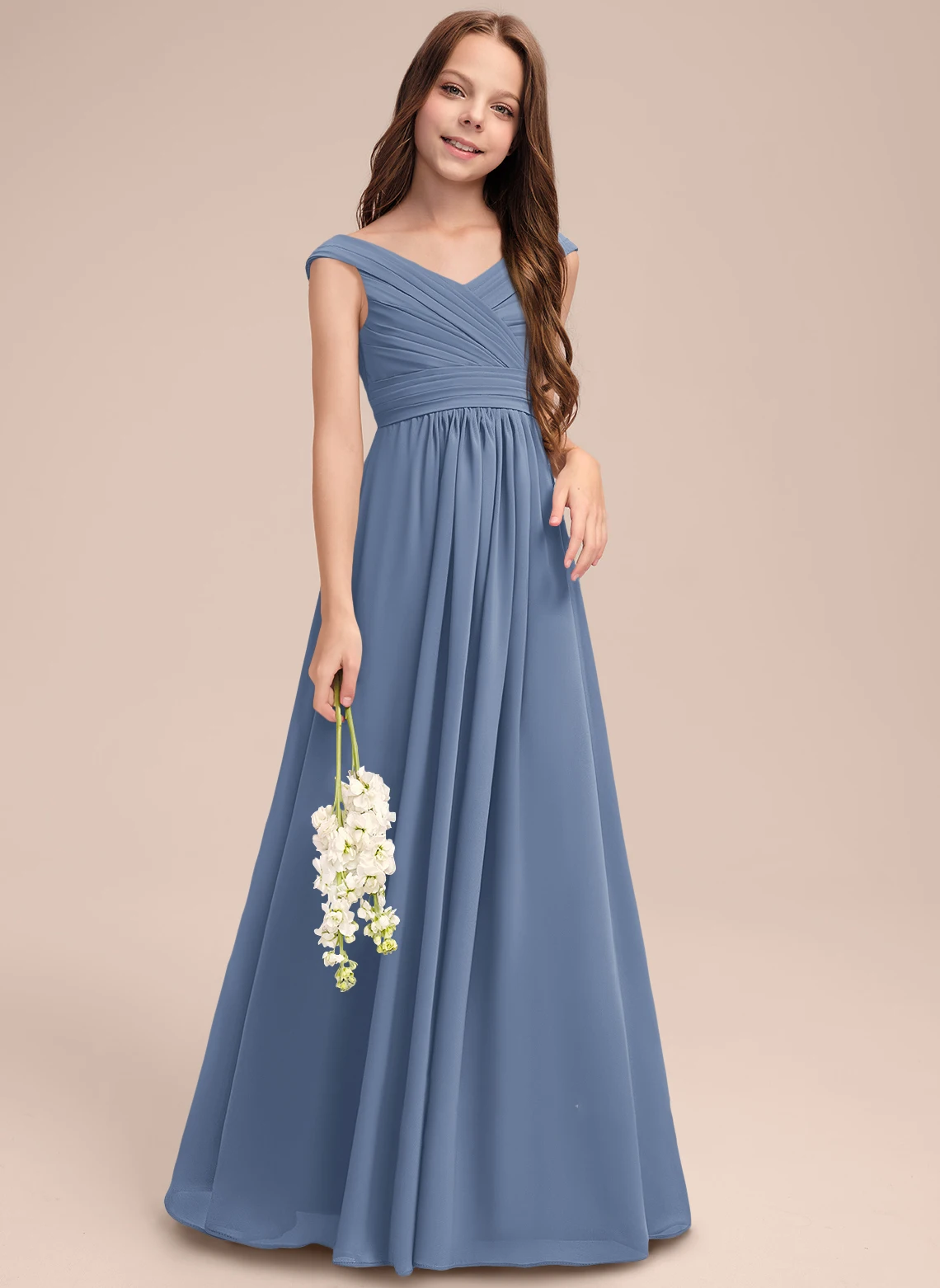 

A-line Off the Shoulder Floor-Length Chiffon Junior Bridesmaid Dress With Pleated