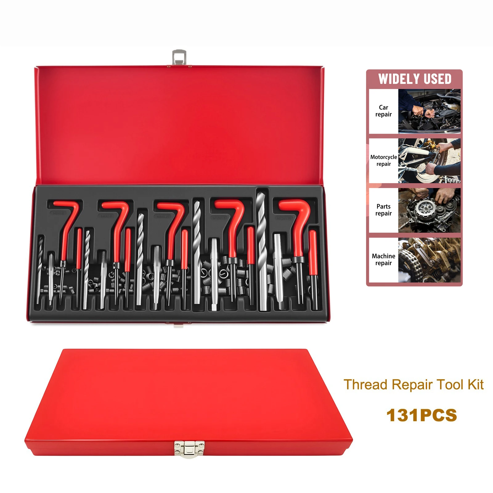 Kit de réparation de filetages 131 pièces avec inserts Helicoil, manchons et embouts de filetage, taraud et foret pour M5 M6 M8 M10 M12