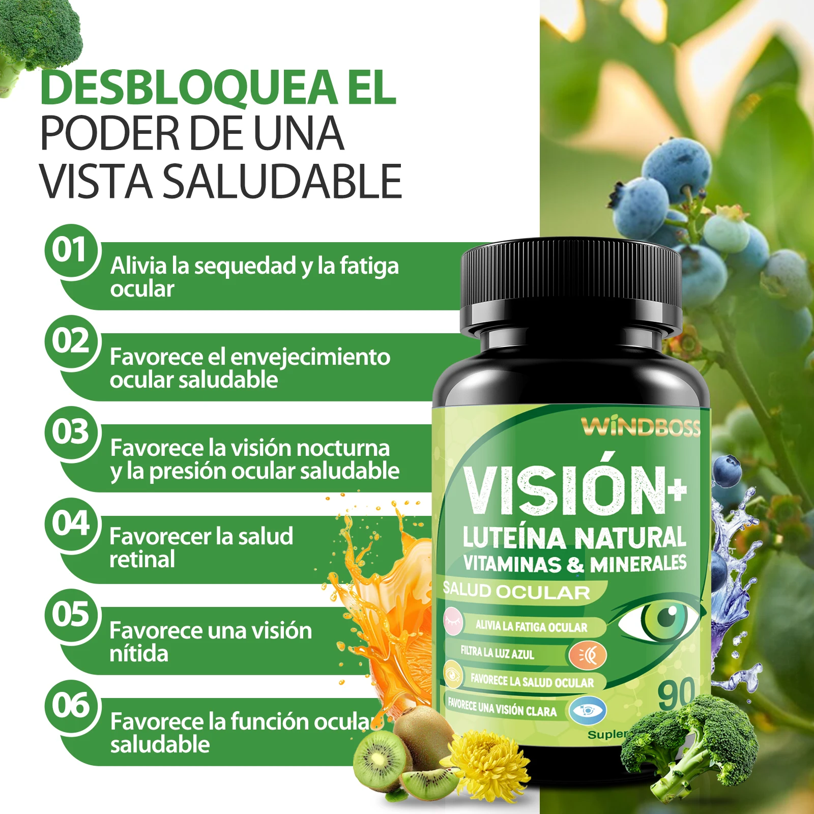 العناية بالرؤية Windboss مع Lutein وZeaxanthin والزنك والفيتامينات C وE - حماية لصحة العين والبقعة - 90 كبسولة