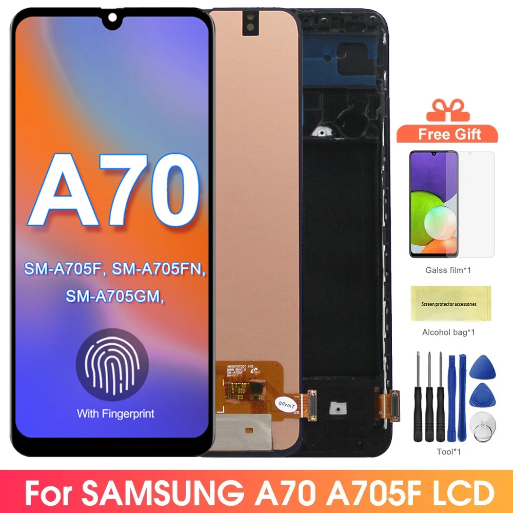 Super AMOLED A70 Display Screen, for Samsung Galaxy A70 A705 A705F A705FD LCD Display Digital Touch Screen Assembly with Frame