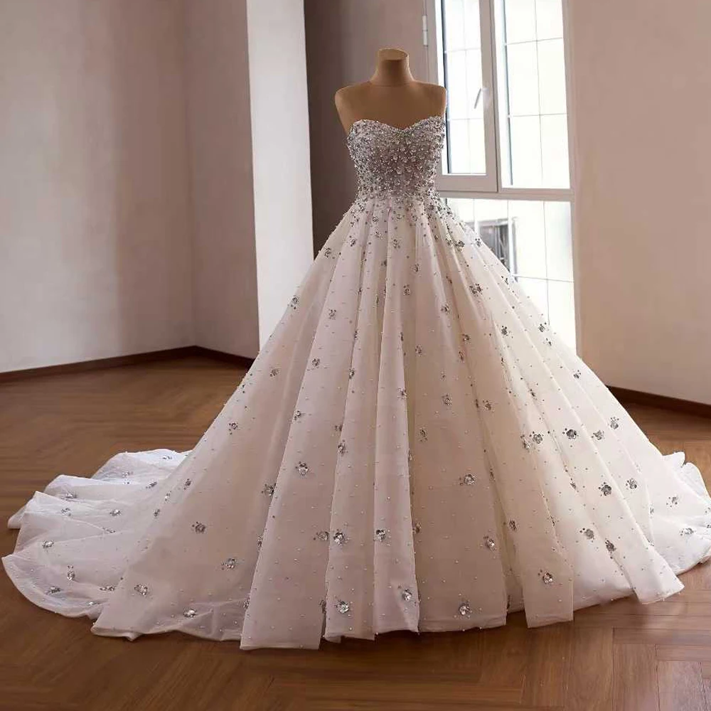 Vestidos De Novia 2026 Sweetheart Crystal Rhinestone Pearl A line Lace Up Back Organza New Wedding Dress