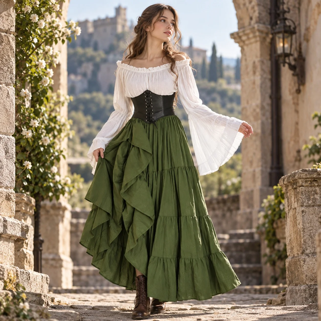 Dresses - ハイウエスト、長袖、フレア袖のコートスタイル。文学的な雰囲気を漂わせるレトロなミディ丈のストリートウェア。女性向けの中世風コスチューム。