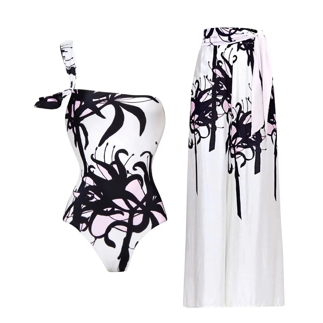 

2024 Women One Shoulder Black and White Blossom Print One Piece Swimsuit and Pants Swimwear Summer Bikini Bathing Suit 2 pc