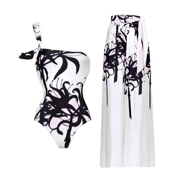 2024 Women One Shoulder Black and White Blossom Print One Piece Swimsuit and Pants Swimwear Summer  Bikini Bathing Suit 2 pc