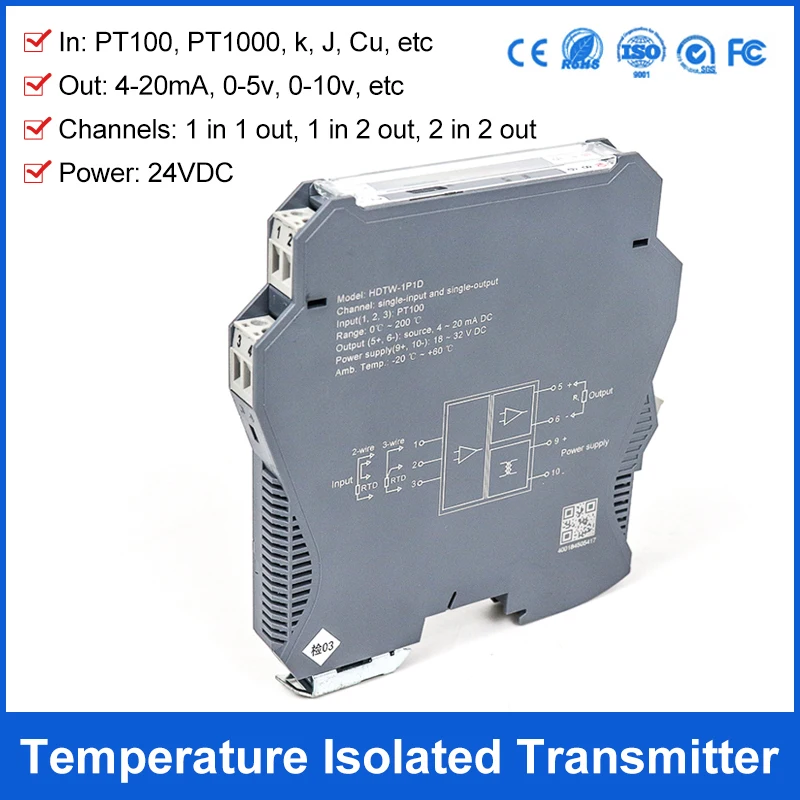 Trasmettitore di temperatura RTD PT100 Isolatore di temperatura per montaggio su guida DIN 4-20 mA