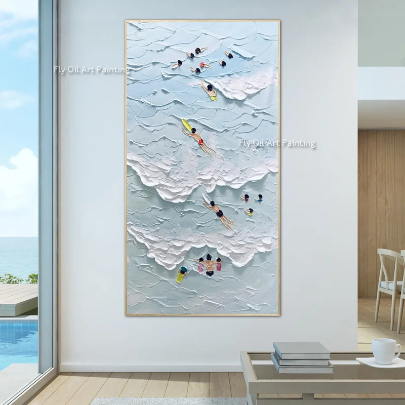 Ocean Joy Swimming Surfing At Beach Oil Painting Blue Hand Painted Oversized Textured Abstract Thick Canvas Painting Wall Decor