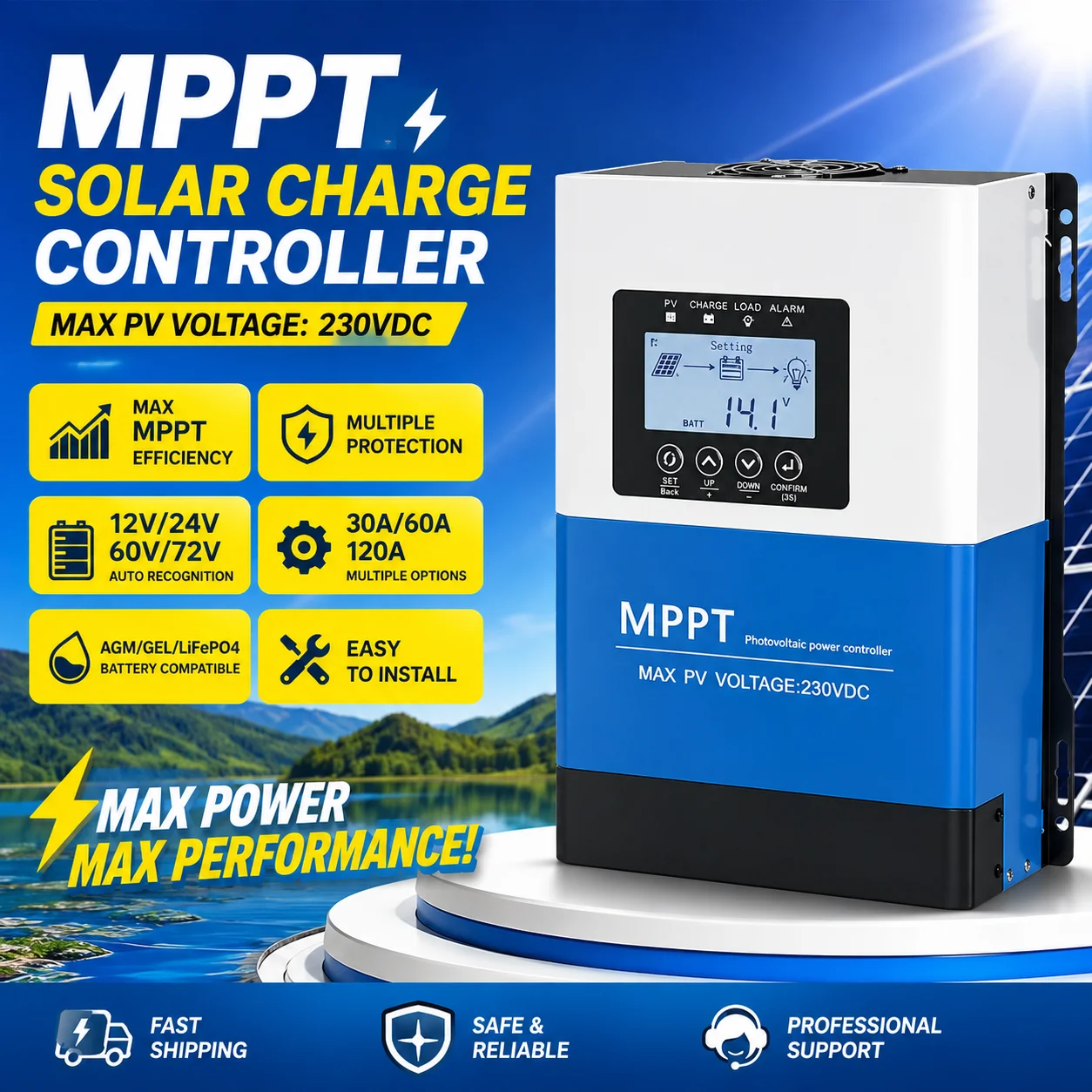 0A 60A 120A MPPT Solar Charge Controller LCD Display Auto Regulator 12V-96V Lead Acid Lithium Battery Solar Charger Max PV Input