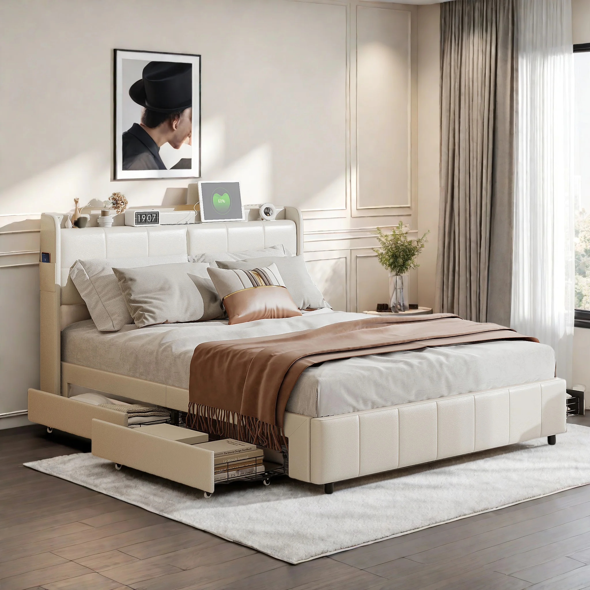 سرير تنجيد مزدوج من Aura خشبي مقاس 140 × 200 سم مع 4 أدراج لمسند ظهر للتخزين مع إطار شرائحي من جلد البولي يوريثان