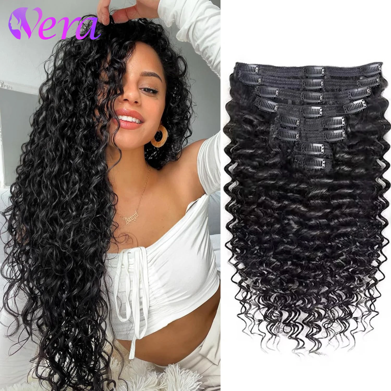 

Вьющиеся зажимы для наращивания человеческих волос с глубокими волнами на всю голову для женщин, бразильские человеческие волосы Remy, натуральный цвет, 8 шт., 120 г/компл.