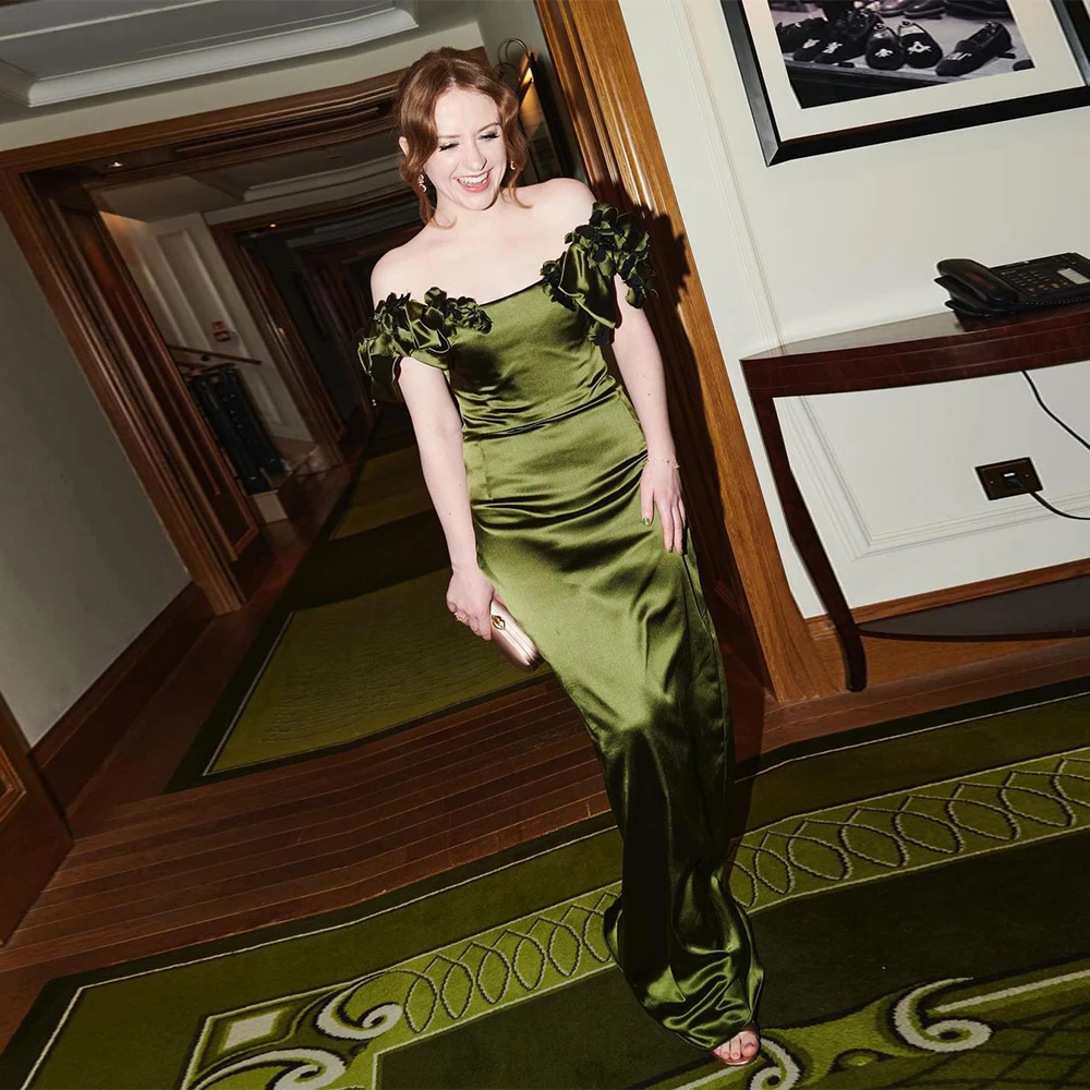 20120# Customized Off Shoulder Green S Mermaid Evening Gown For Woman Stunning 3D Flowers Prom Party Dress