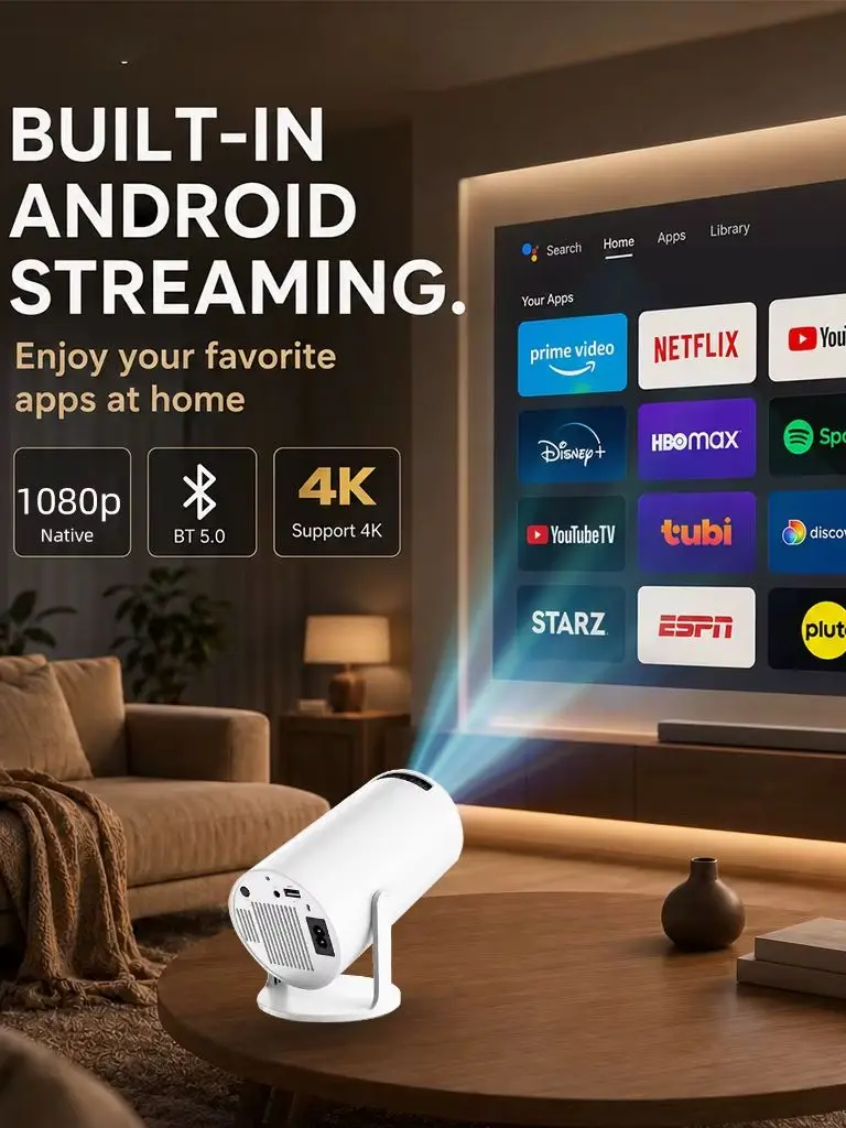 ZNLYRION 4K Mini Tragbarer Smart-Projektor mit Dekodierungsfunktion, 200 ANSI, WiFi 6, Android 11.0, 180° °   Drehbarer Heimkino-Projektor für den Außenbereich und das Schlafzimmer