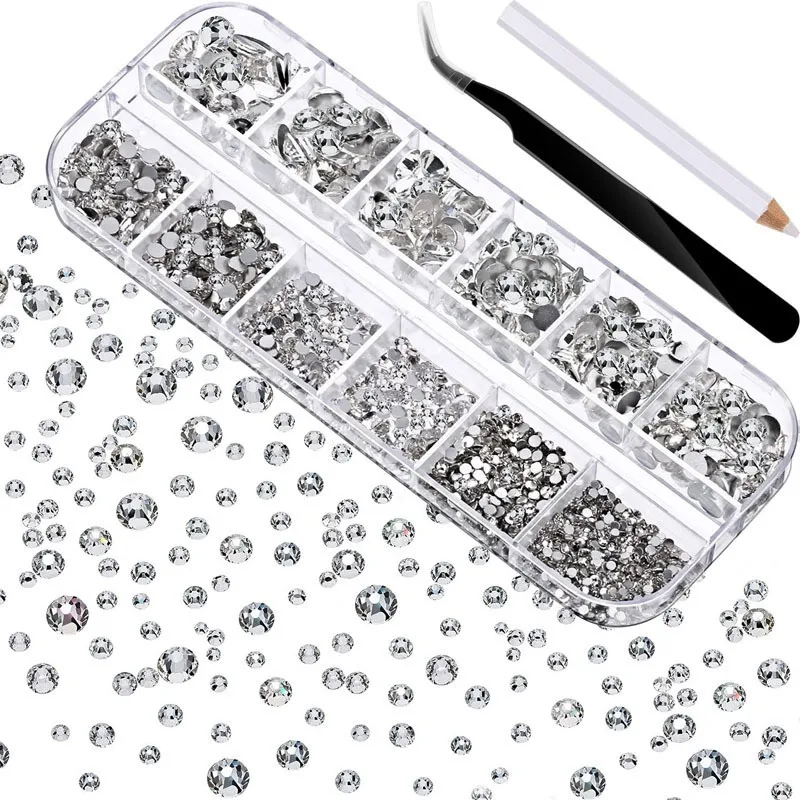 

12Gird Box Multi Size AB Non Hotfix Rhinestones Flatback Crystal Diamond Gems 3D Glitter Nail Art Luxurious Decorations