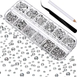 12Gird Box Multi Size AB Non Hotfix Rhinestones Flatback Crystal Diamond Gems 3D Glitter Nail Art Luxurious Decorations