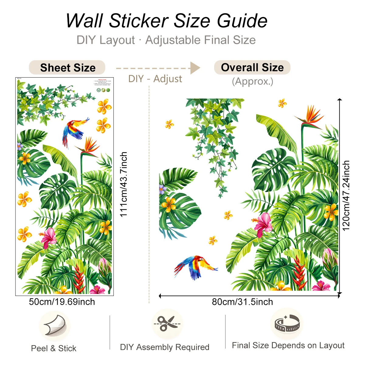 Tropical Plants Door Stickers Palm Leaves Wall Decals Parrot Hanging Ivy Floral Wall Stickers for Living Room Bedroom Home Decor view 6